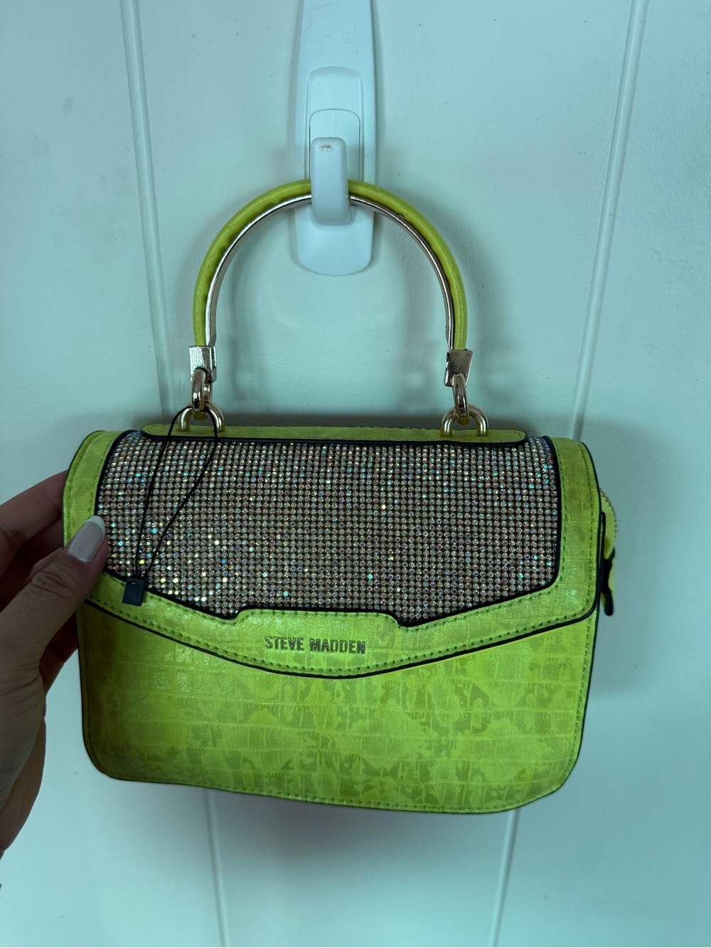 Steve Madden Neon Lime Crystal-Front Mini Top Handle Bag